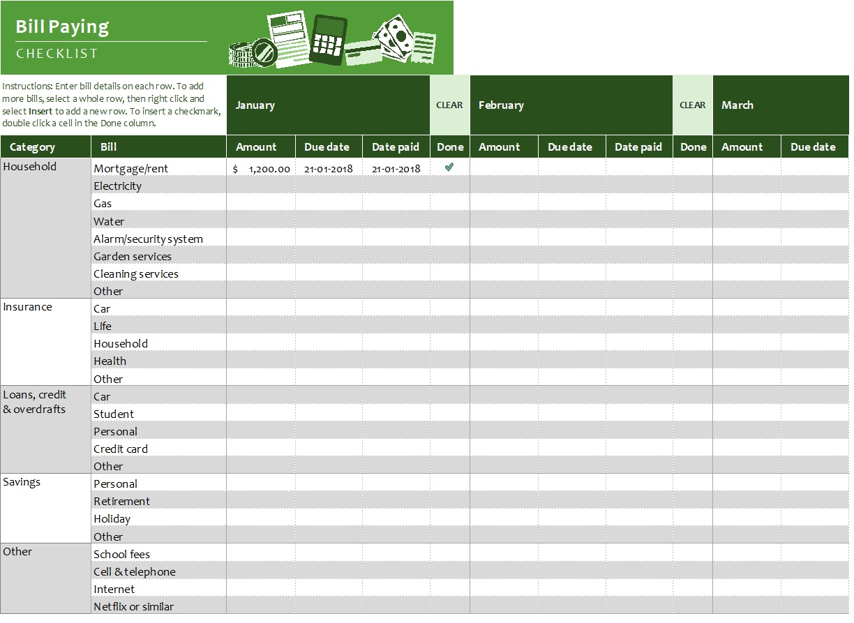 Bill Paying Checklist Template In Excel (Download xlsx)