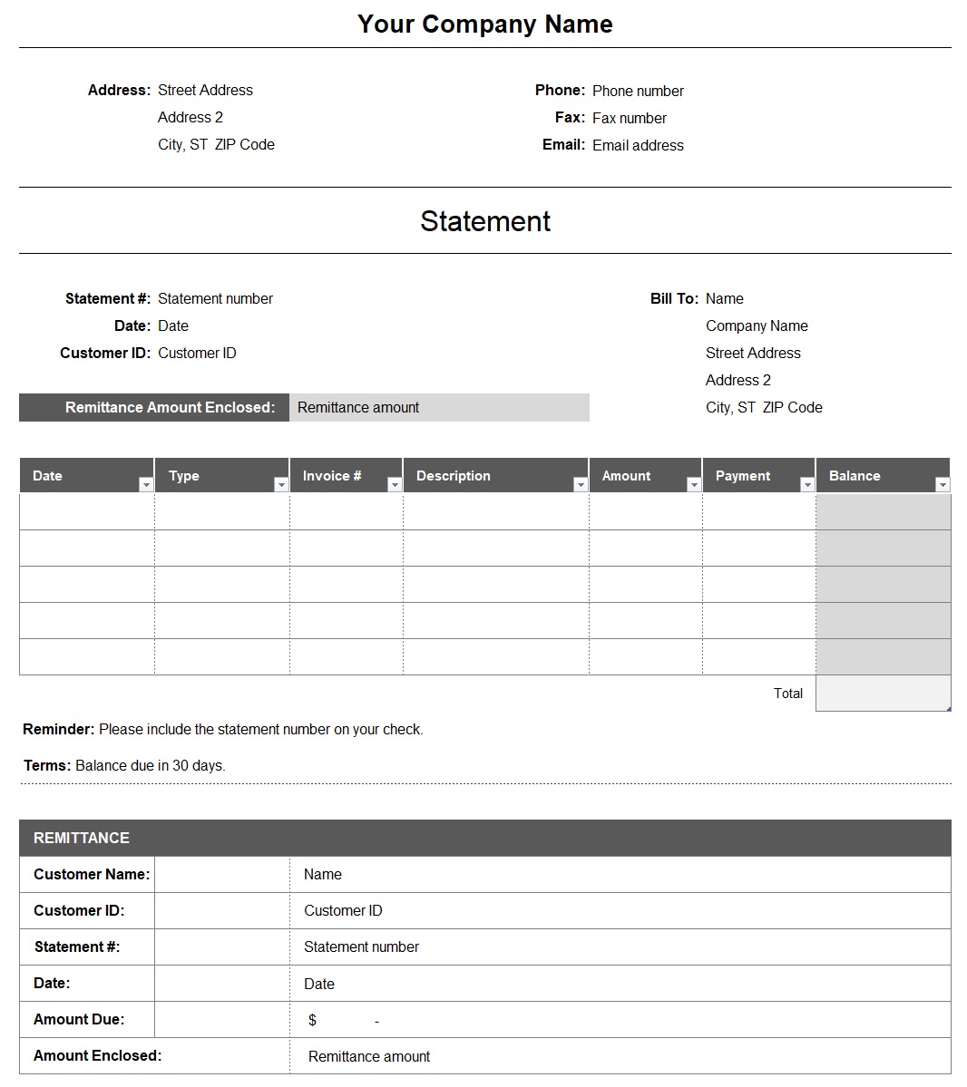 Statement Template For Excel