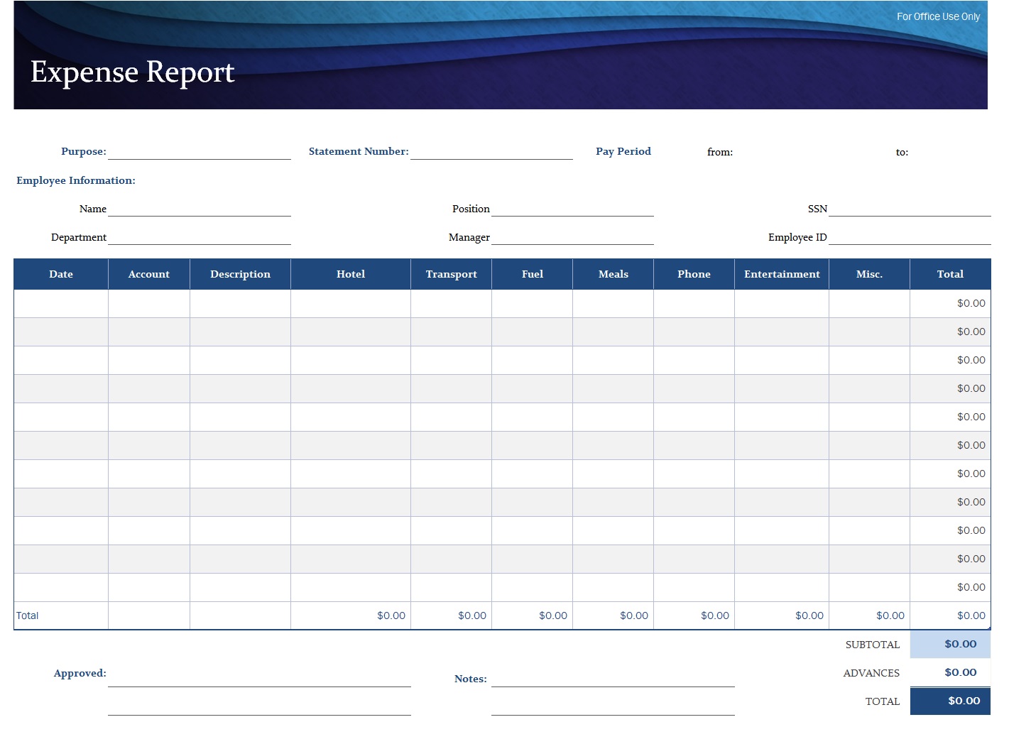 Blue Expense Report Template In Excel (Download.Xlsx)