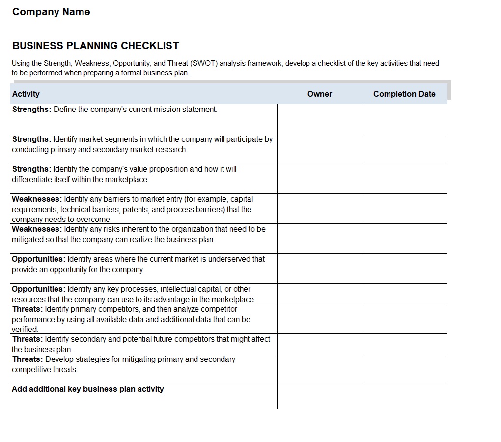 Business Plan Checklist Template In Excel (Download.xlsx)