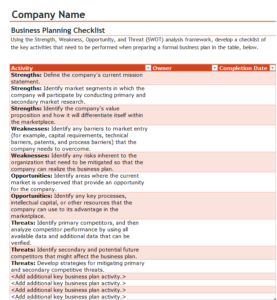 Business Plan Checklist With SWOT Analysis Template In Excel (Download.Xlsx)
