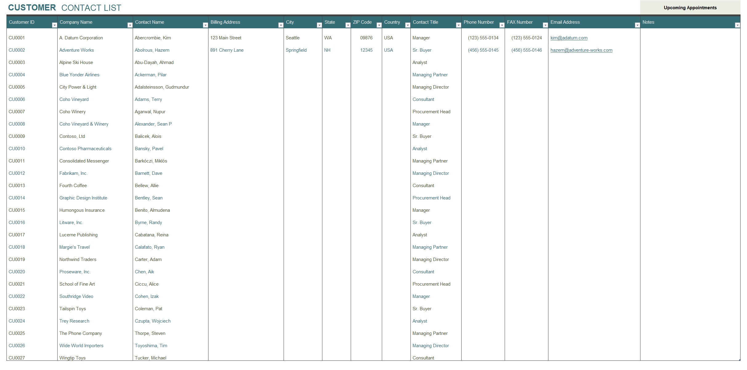 contact list excel template