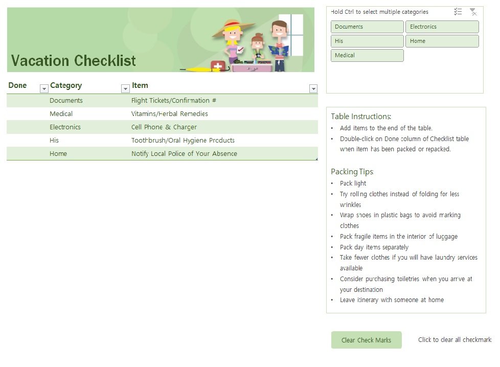 Family Vacation Checklist Template In Excel (Download.xlsx)