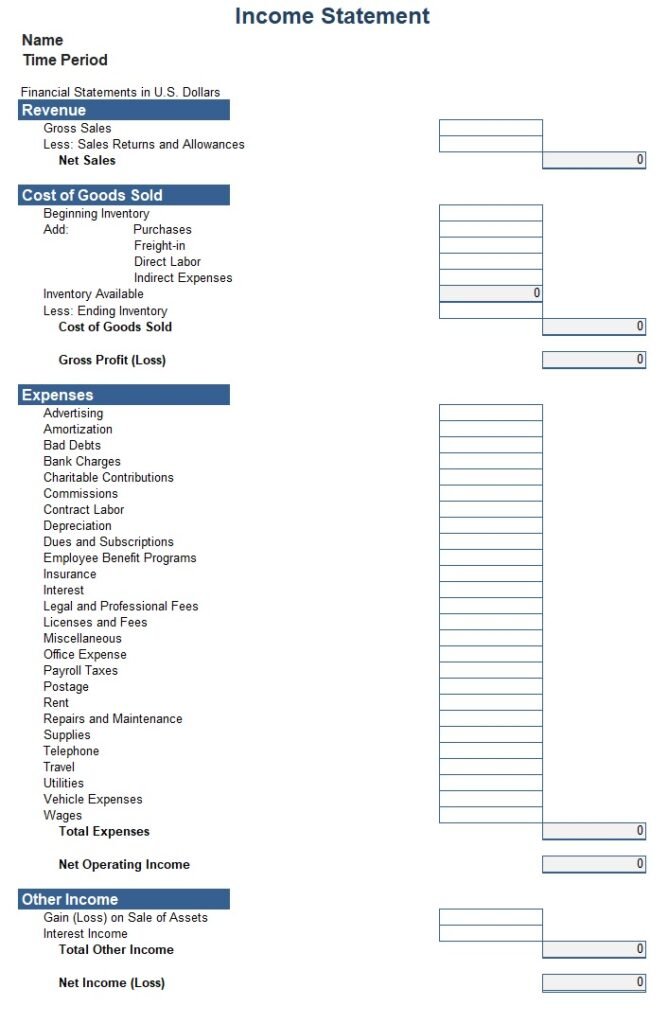 Income Statement 1 year Template In Excel (Download.xlsx)