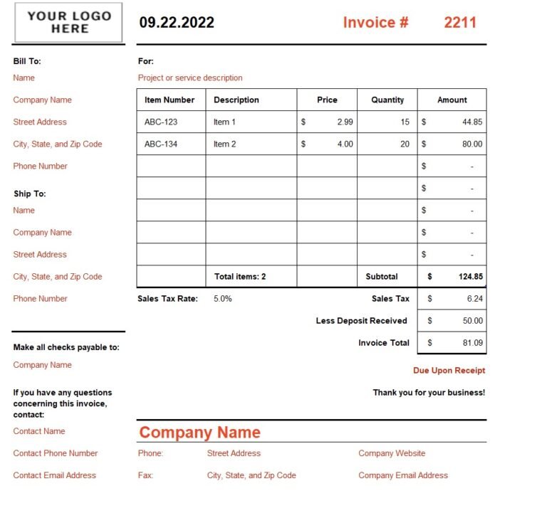 Invoice That Calculates Total (landscape) Template In Excel (Download Xlsx)