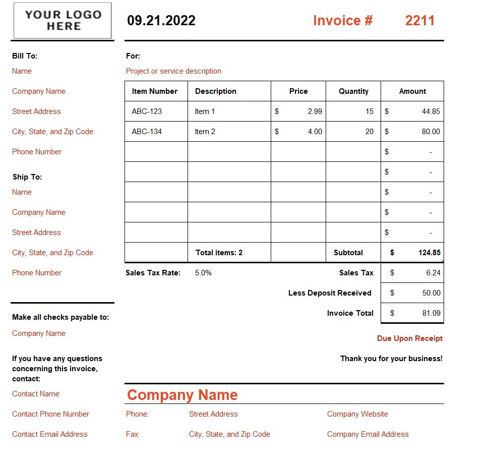 Invoice That Calculates Total (with logo) Template In Excel (Download.xlsx) 1
