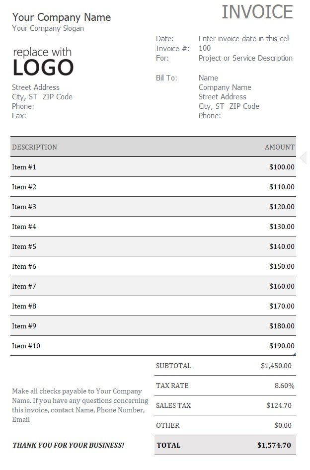 Invoice With Sales Tax Template In Excel (Download.xlsx)