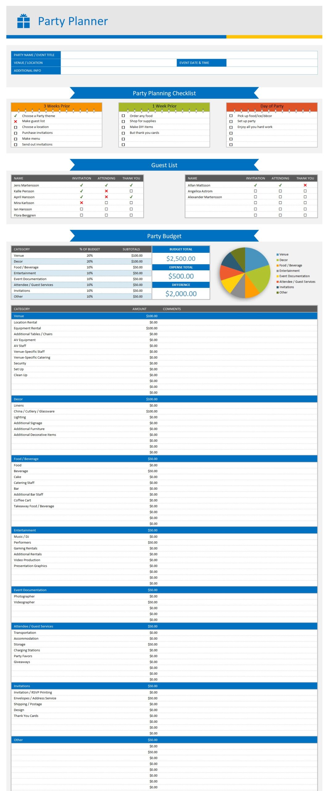 Party Planner And Checklist Template In Excel (Download.xlsx)