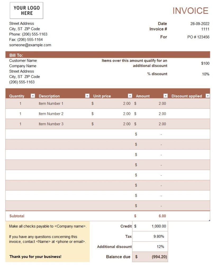 Sales Invoice Template In Excel (Download.xlsx)