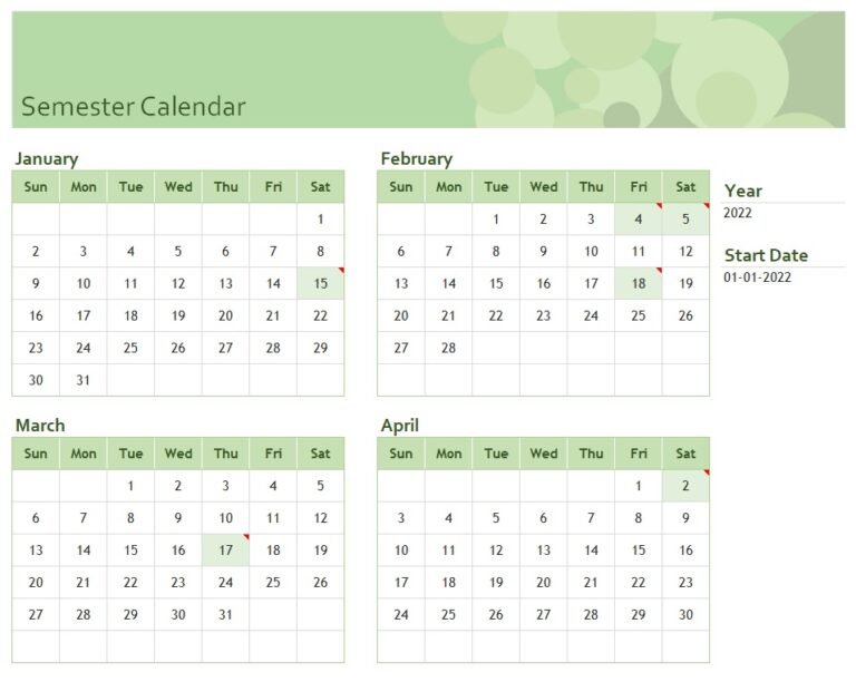 Semester Calendar Template In Excel (Download xlsx)