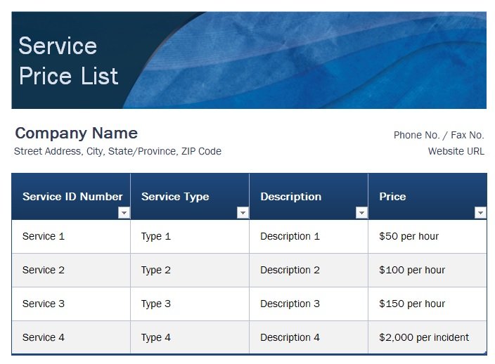 Service Price List Template In Excel (Download.xlsx)