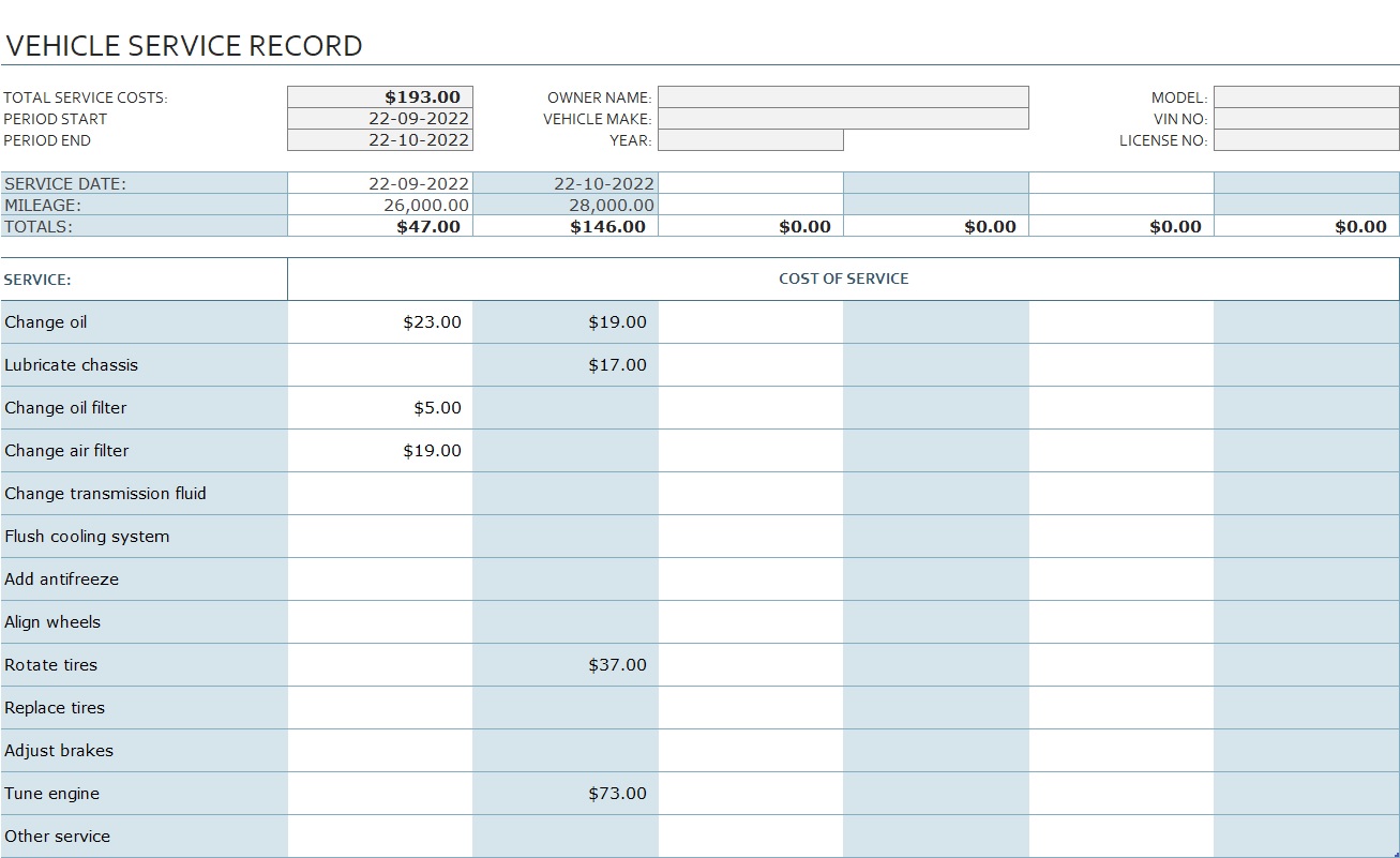 Vehicle Service Record Template In Excel Download Xlsx 