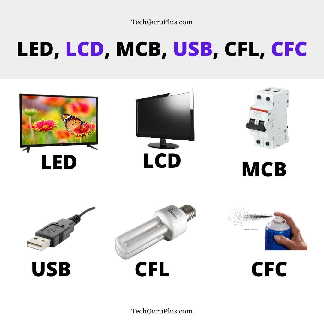What is the full form of LED, LCD, MCB, USB, CFL, CFC
