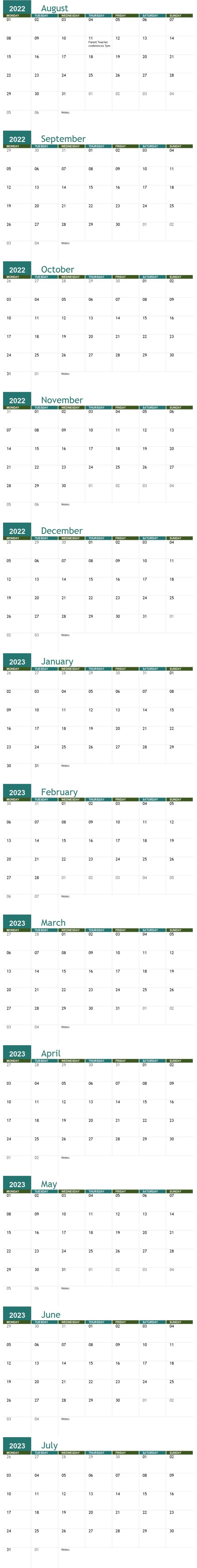 Academic Calendar Template In Excel (Download.xlsx)