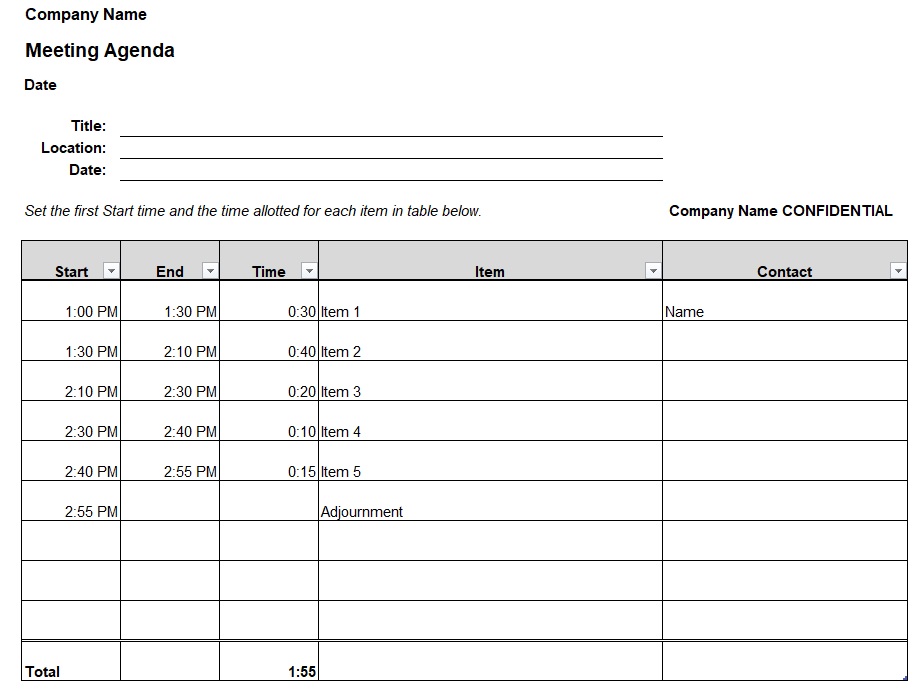 excel meeting agenda template