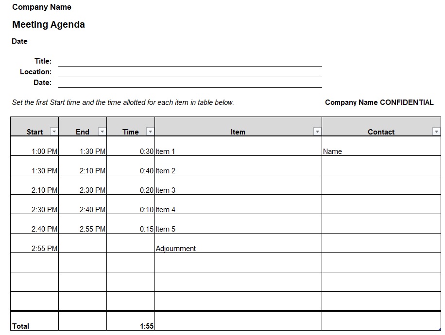 Meeting Agenda Excel Template