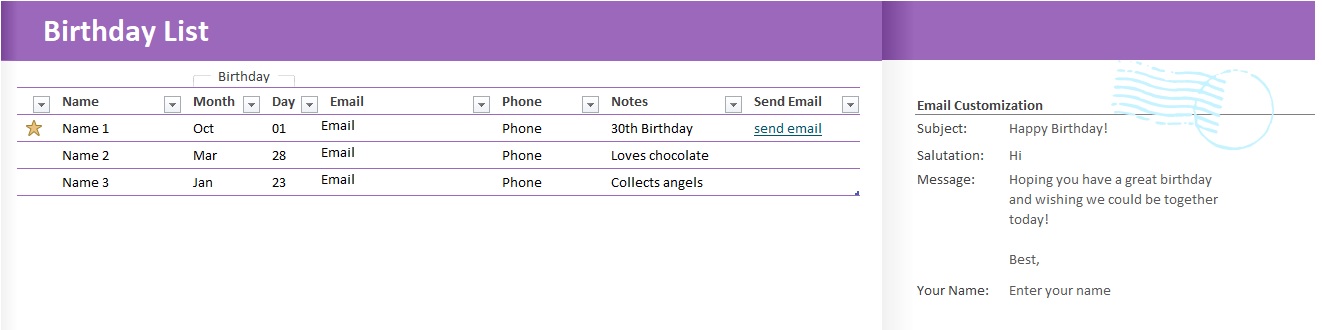 Birthday List Template In Excel Download xlsx 