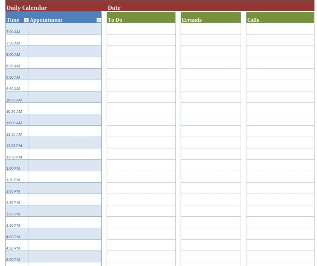 Blank Daily Calendar Template In Excel (Download.xlsx)