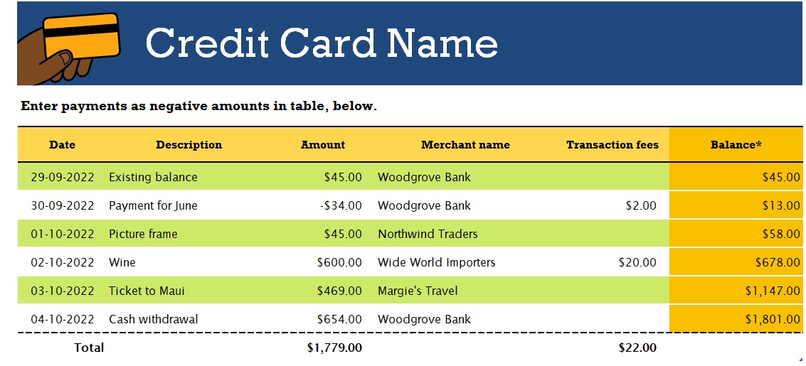 credit card excel template