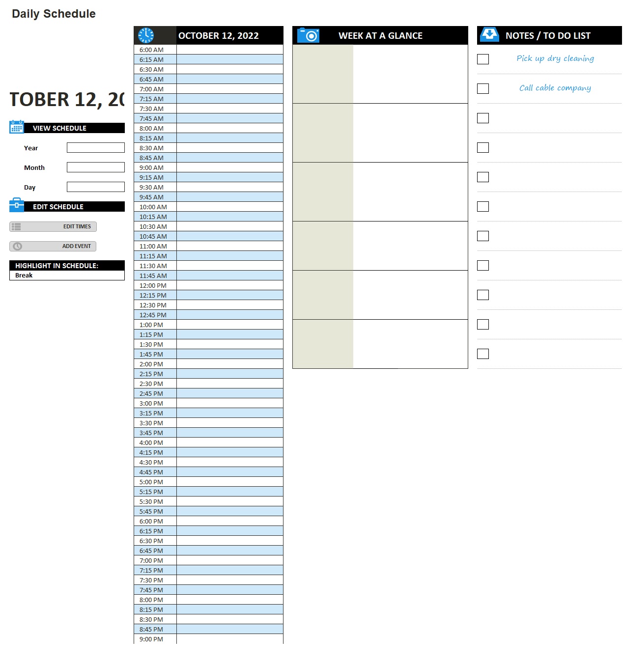 excel daily work schedule template