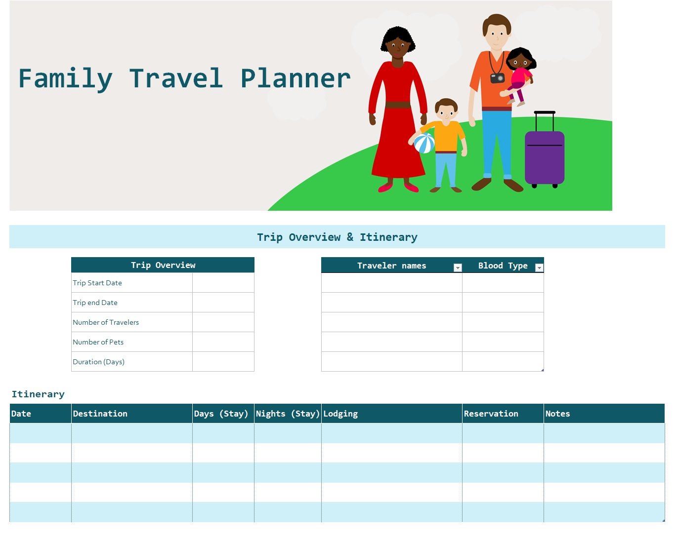 Family Travel Itinerary Template In Excel (Download.xlsx)