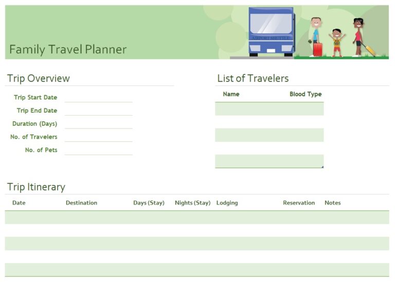 Family Travel Planner Template In Excel (Download.xlsx)