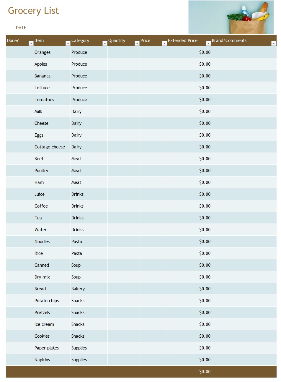 Grocery Lists Template In Excel (Download.xlsx)