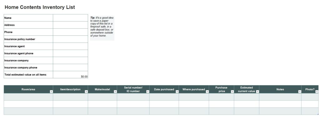 Home Contents Inventory List Template In Excel Download xlsx 