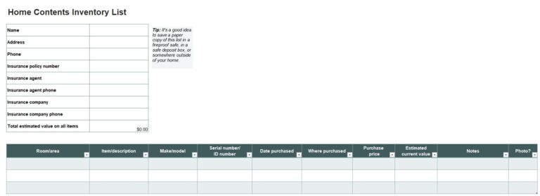 Home Contents Inventory List Template In Excel Download xlsx 