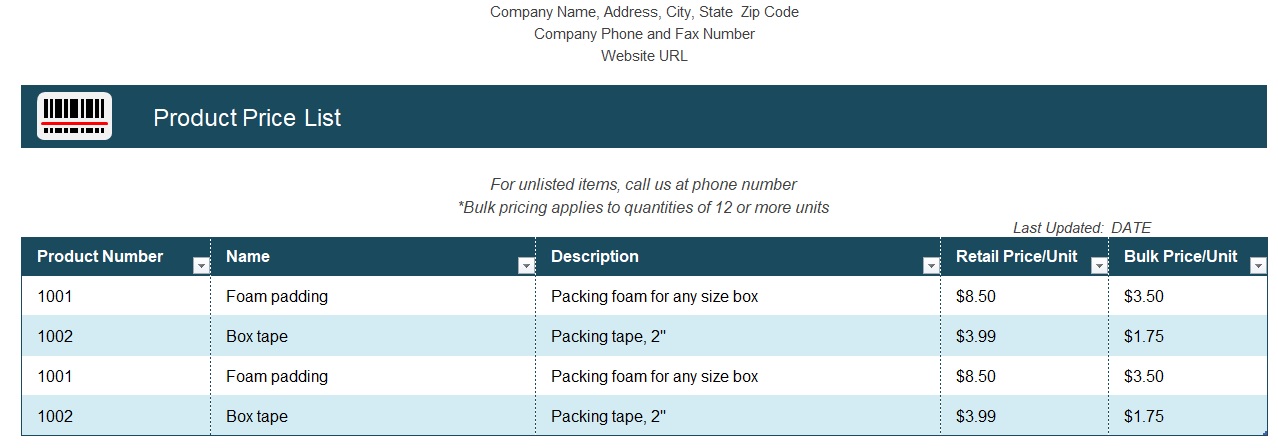 Product Price List Template In Excel (Download.xlsx)