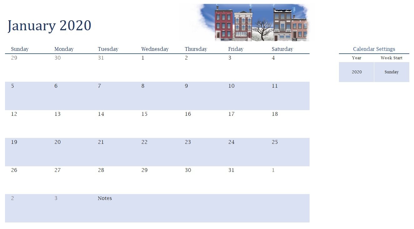Seasonal Illustrated Any Year Calendar Template In Excel (Download.xlsx)