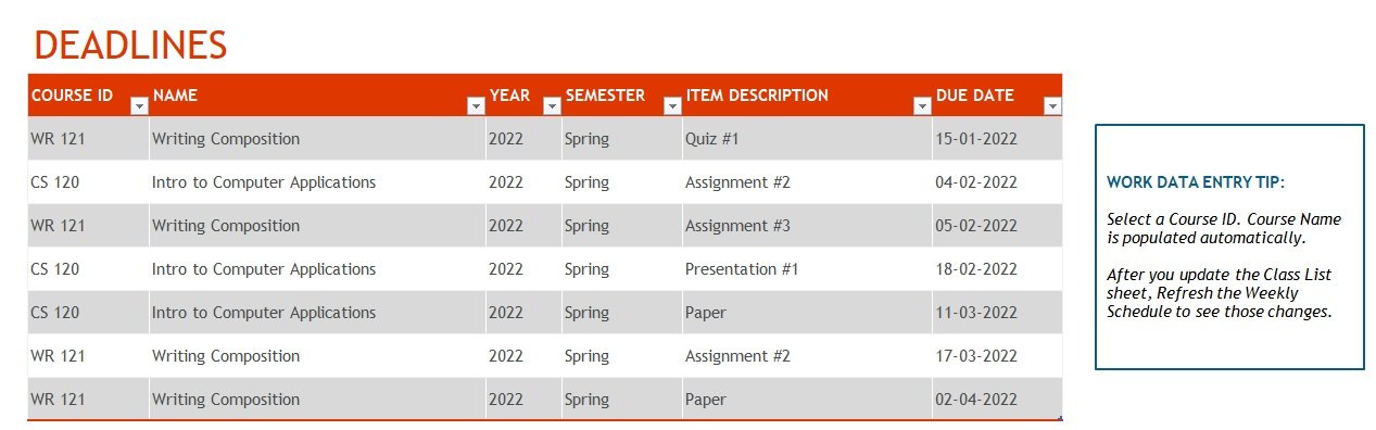 Semester At A Glance Template In Excel (Download.xlsx)