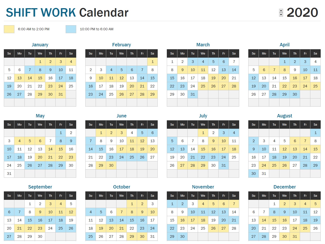 Shift Work Calendar Year At A Glance Template In Excel (Download.xlsx)