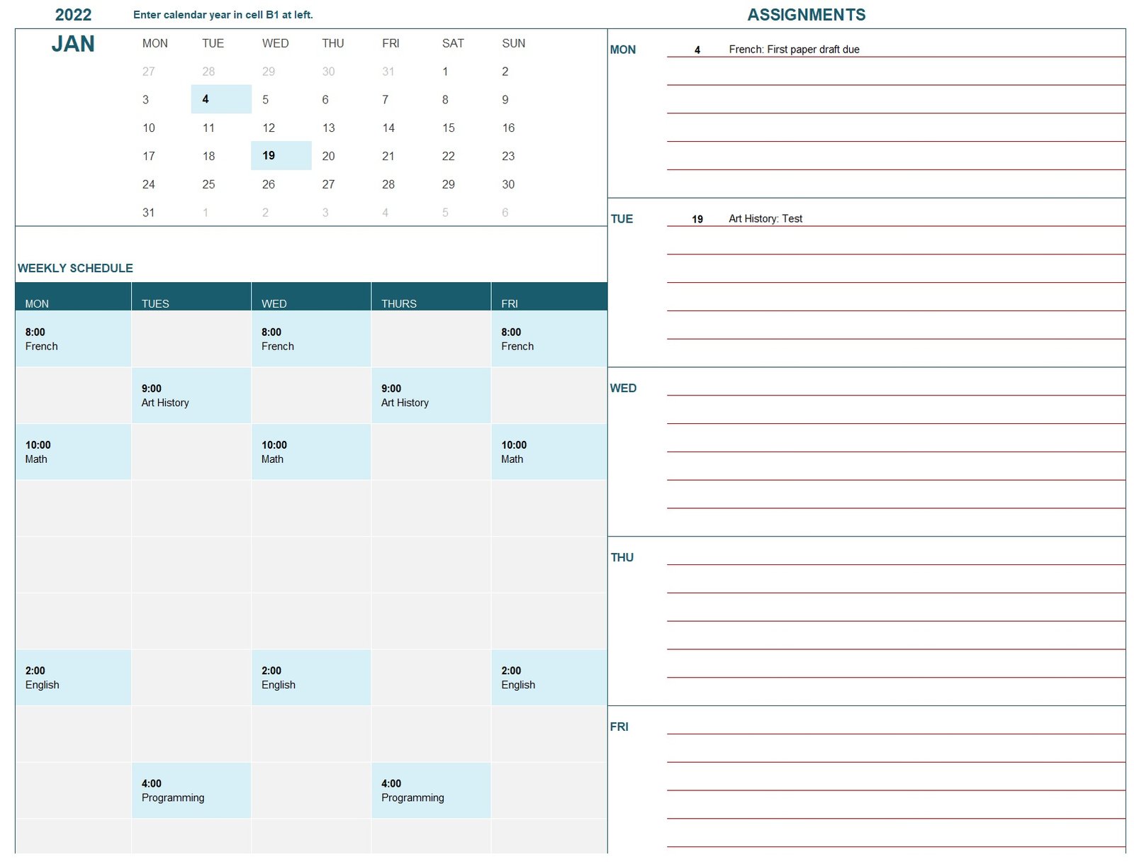 Student Calendar (Mon) Template In Excel (Download.xlsx)