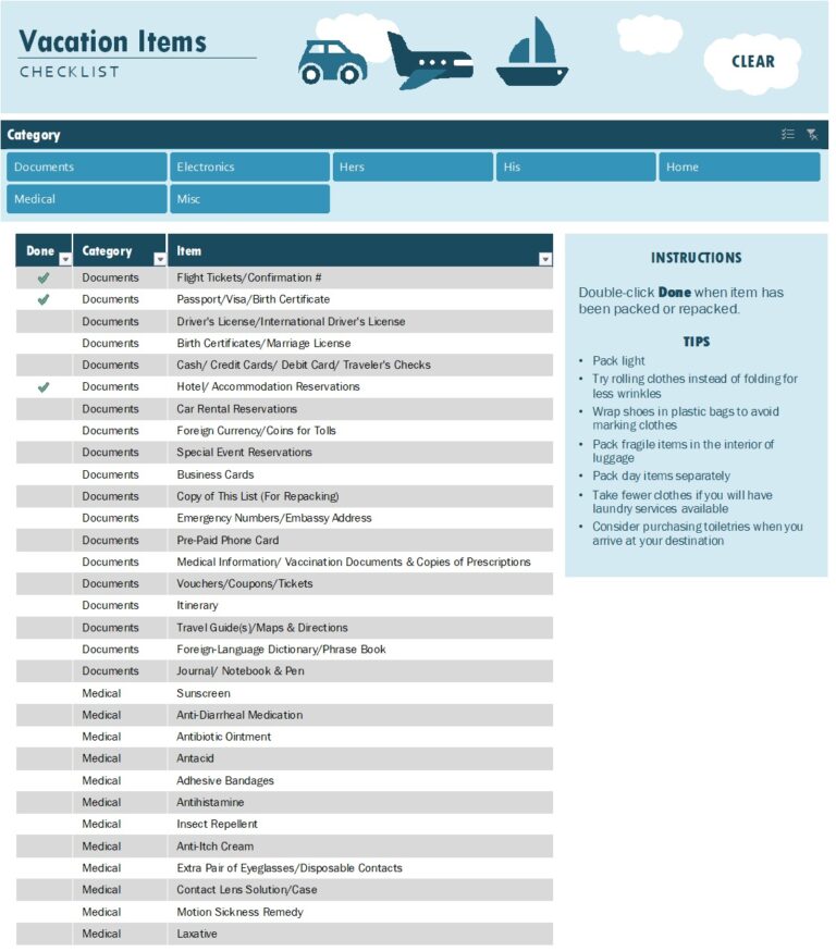 Vacation Checklist Template In Excel Download Xlsx