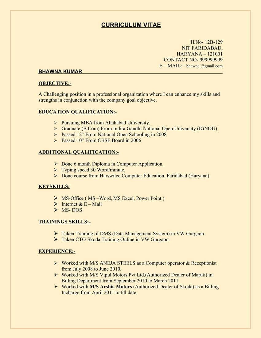 computer operator resume format word file free download