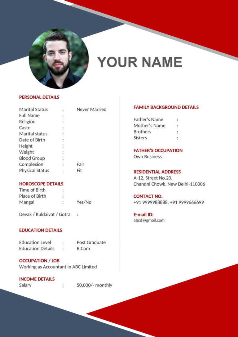 Stylish Marriage Biodata Format Word (.docx & .PDF) Download