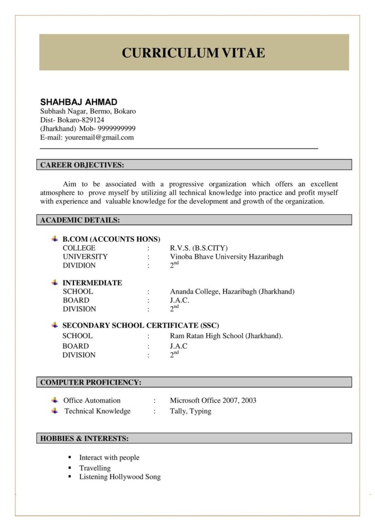 Fresher Resume Format In Word File Download 2 Page A4 Size 