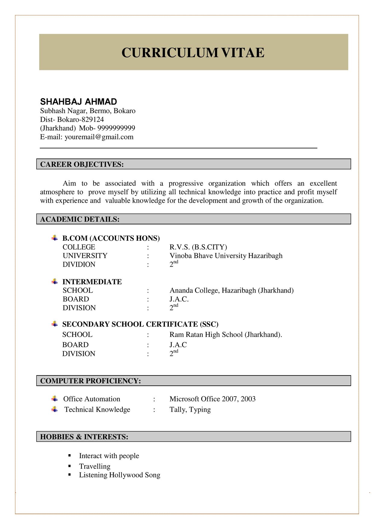 Fresher Resume Format