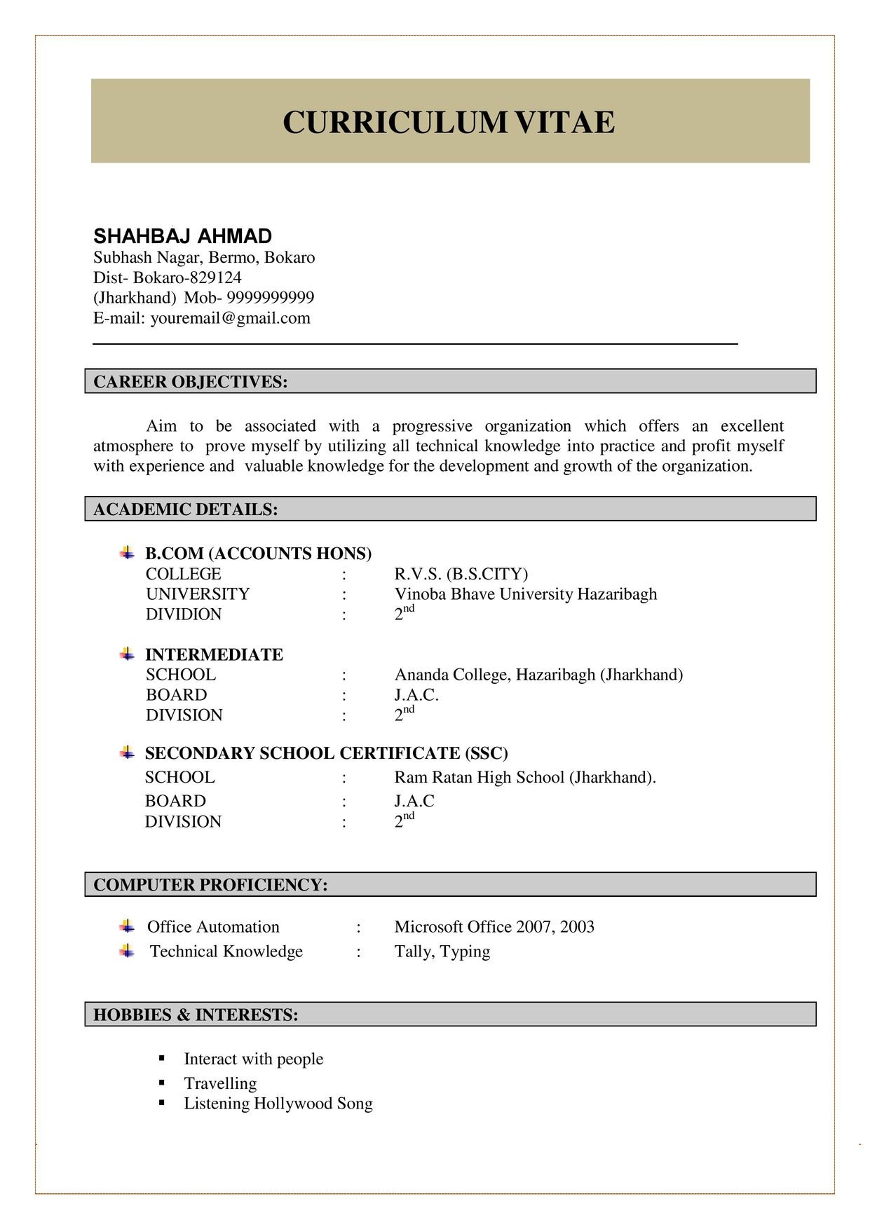 Fresher Resume Format In Word File Download 2 Page A4 Size 