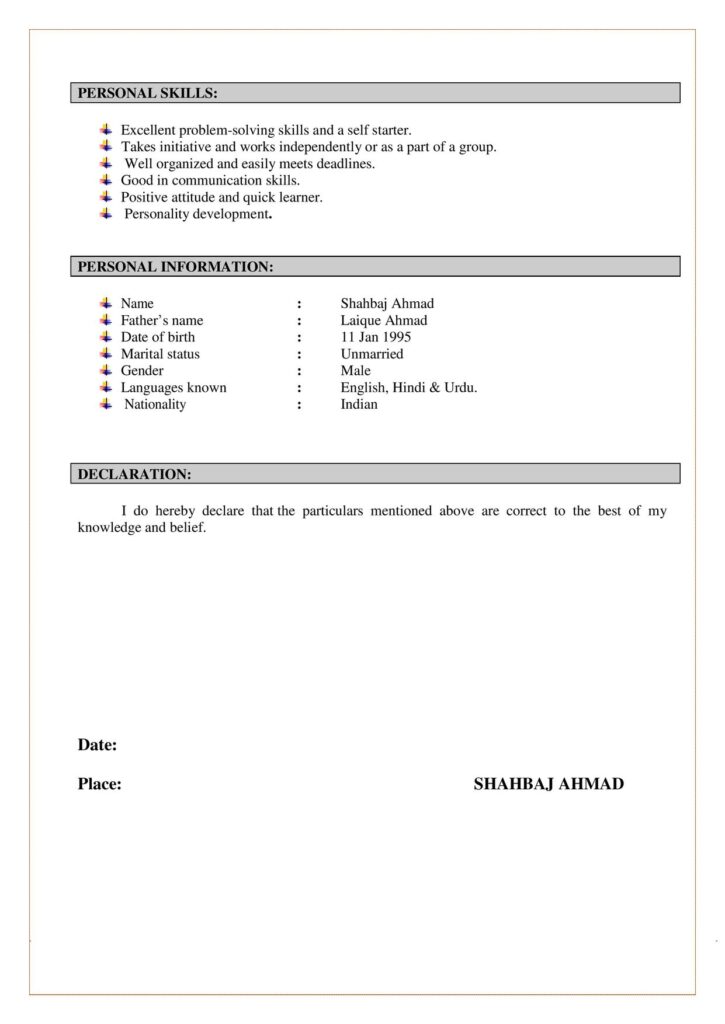 Fresher Resume Format in Word File Download (2 Page-A4 Size)