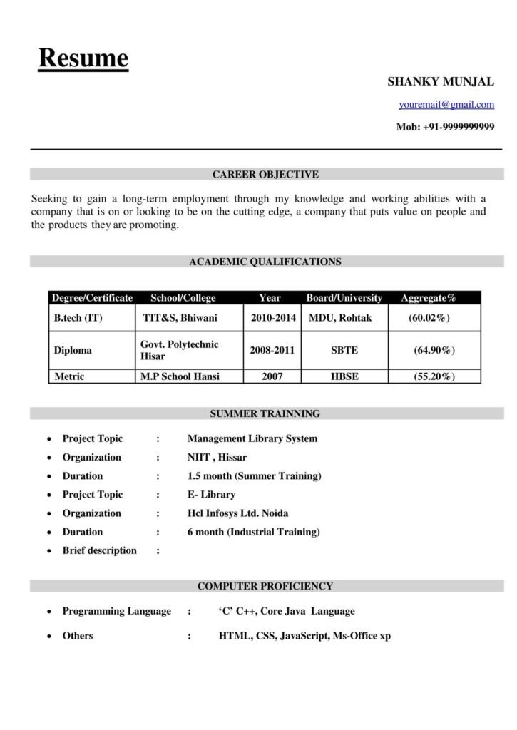 Fresher Resume/CV Format Doc File (2 Page) Editable