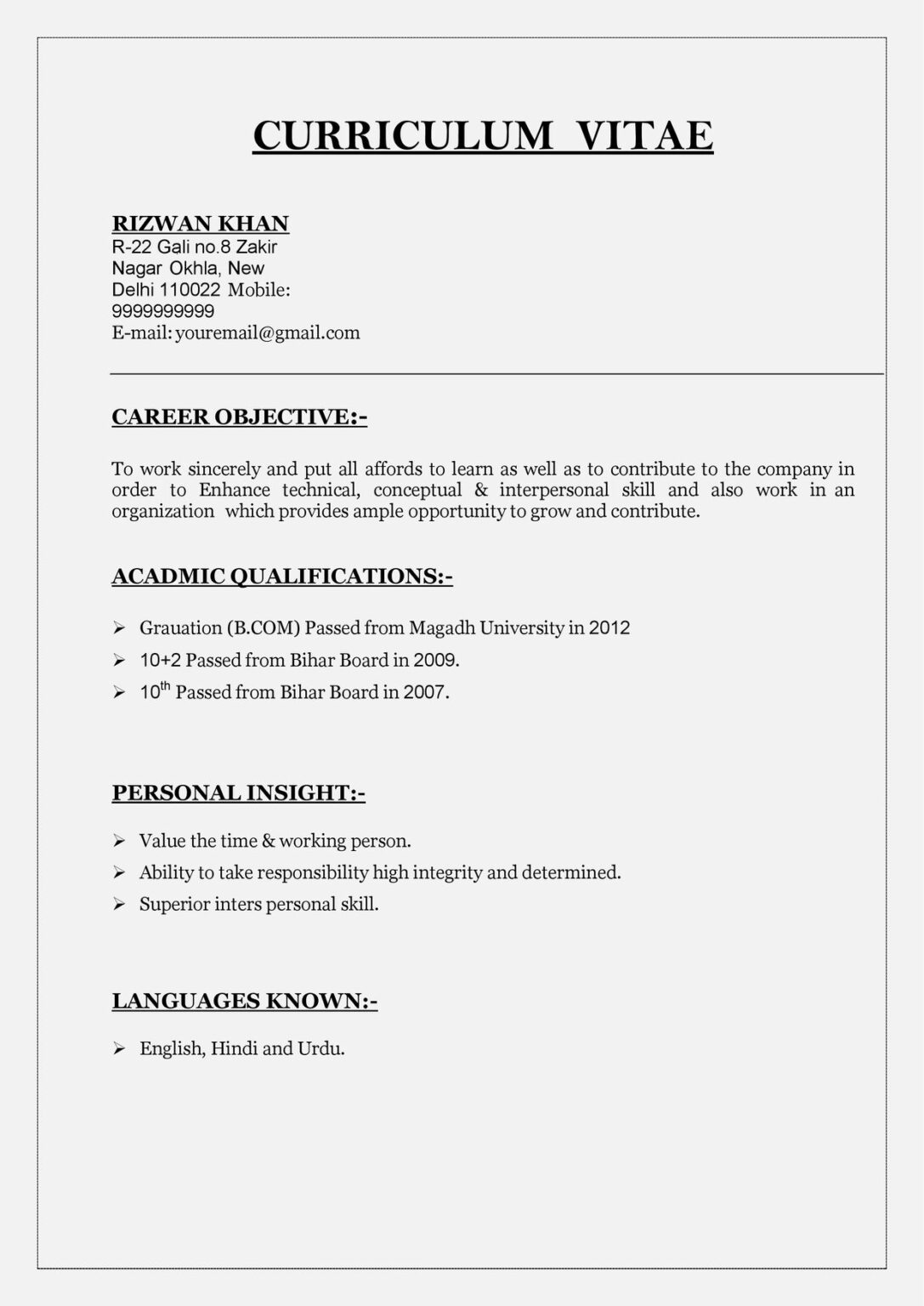 Indian Resume Format PDF docx pdf 