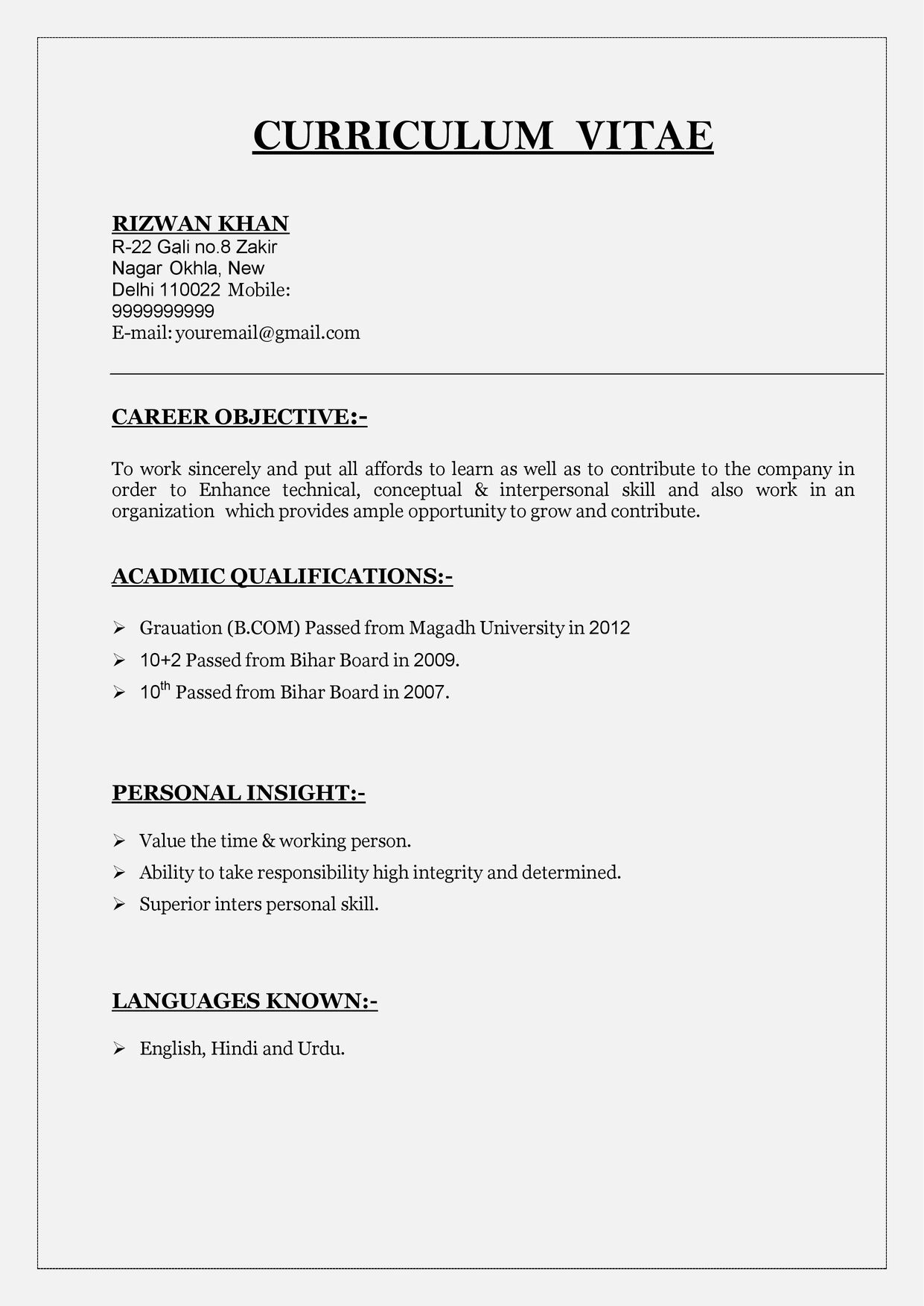 Simple Resume Format Pdf Download India