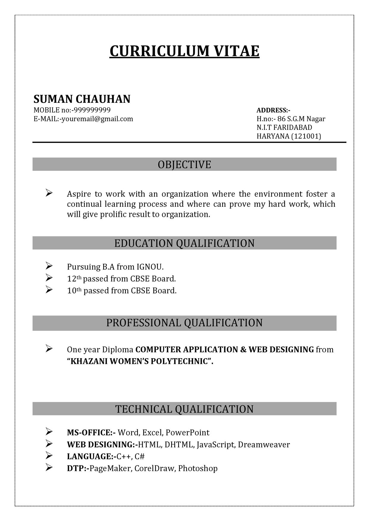 resume format for fresher girl