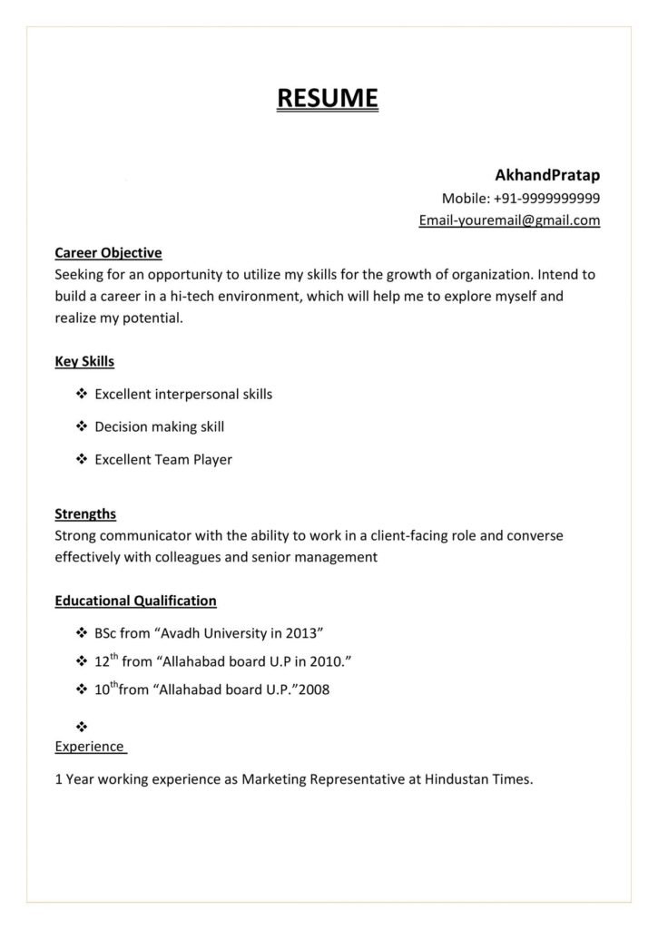 resume format for job fresher in word