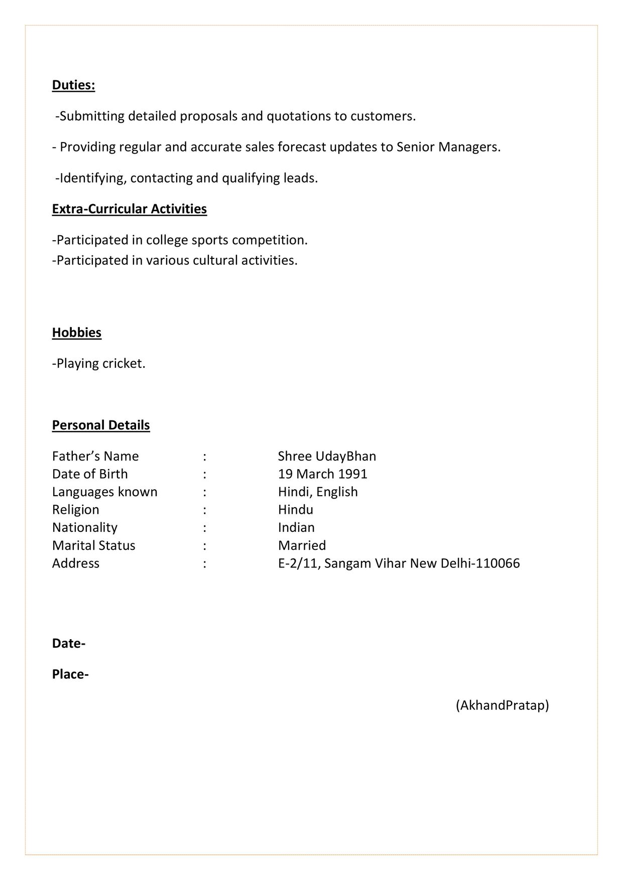 Download Fresher Resume Format Word .docx (2 Page)