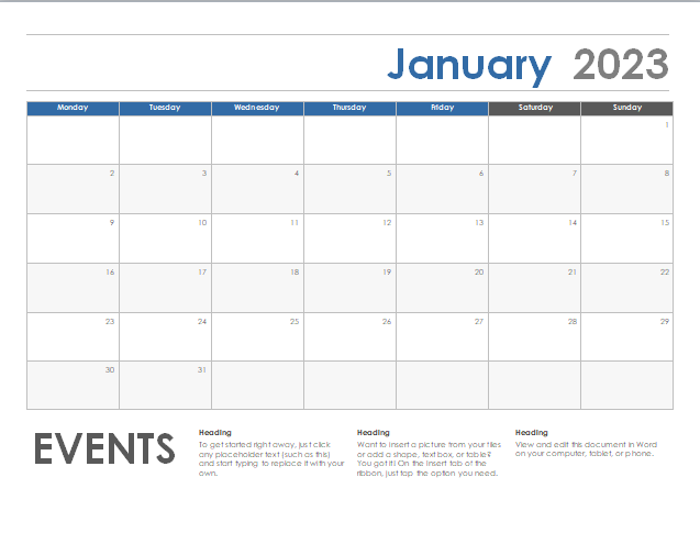 Horizontal calendar Monday start Template In Word (.Docx File Download)