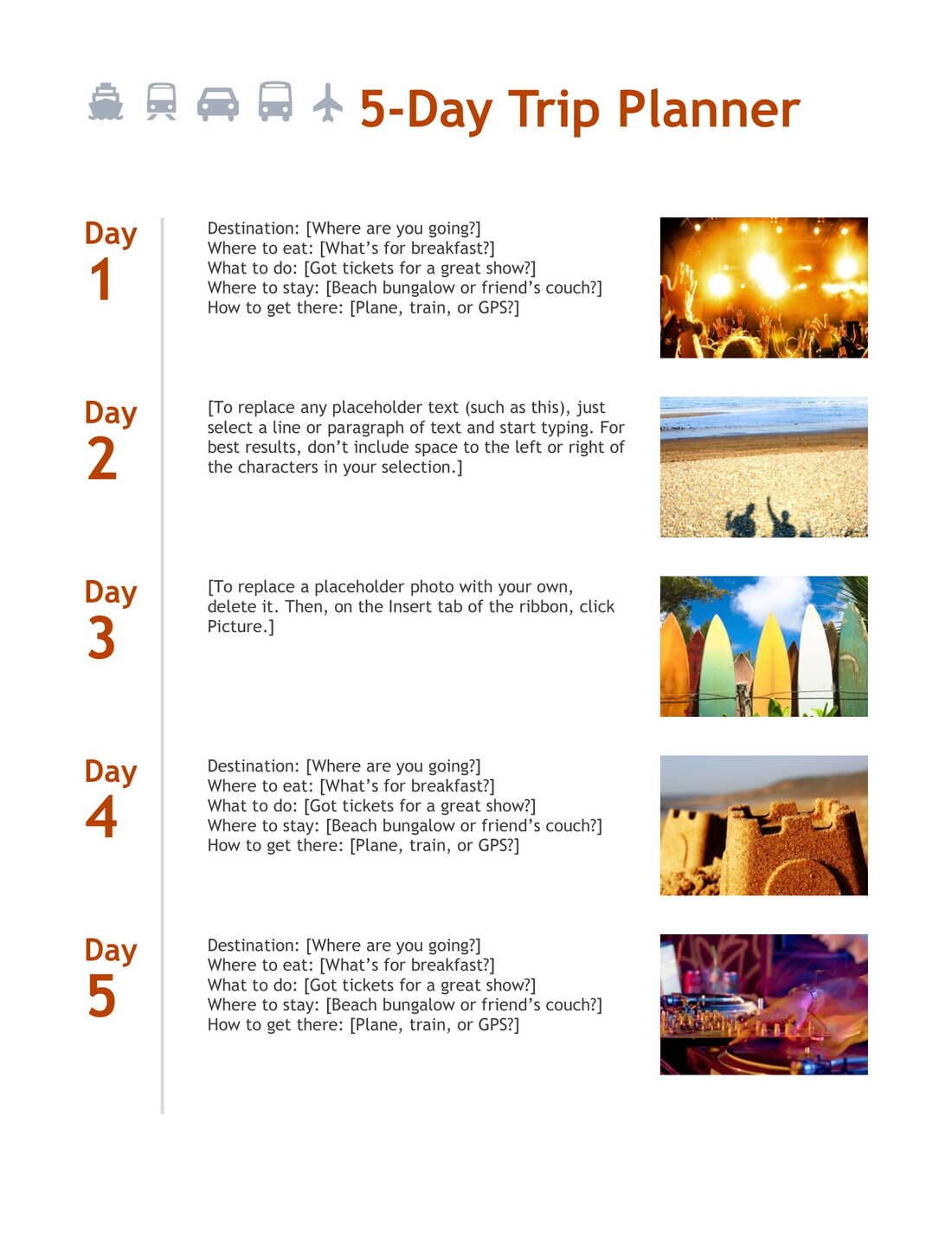 5Day Trip Planner Template In Word (.Docx File Download)