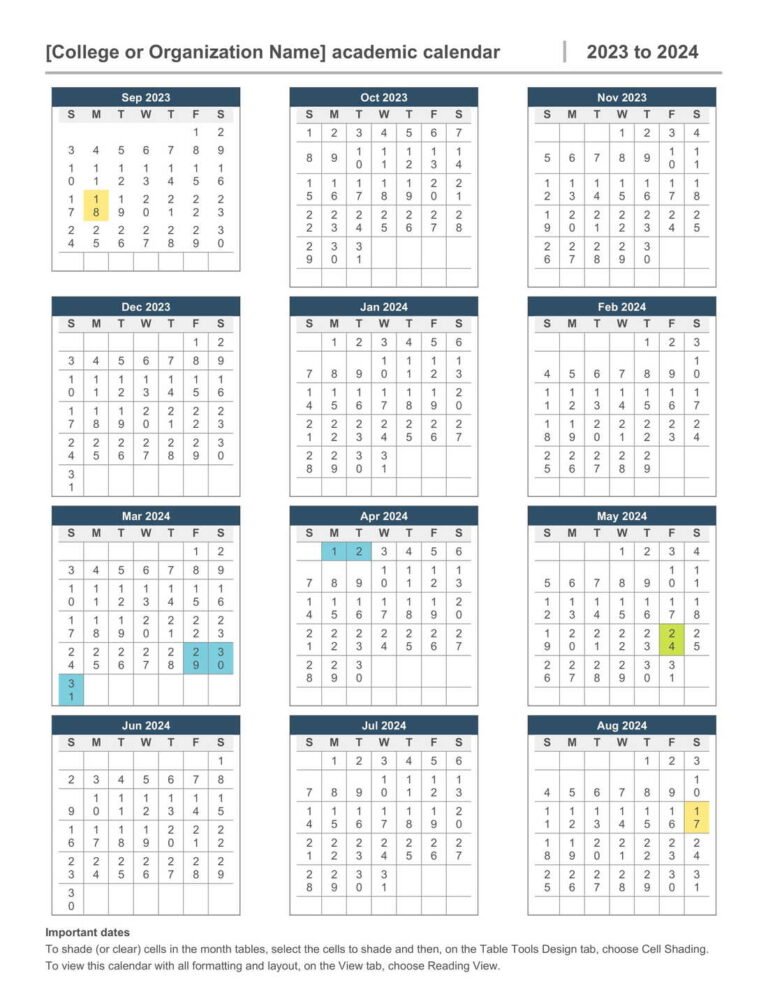 Academic year calendar Template In Word (.Docx File Download)